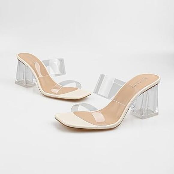 Bctex Coll Womens Clear Plastic 3.5" Chunky Heel Open Toe Off White Sandal Shoes - Picture 3 of 7